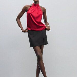 Burgundy Elegant Women's Tie-Up Satin Halter Neck Cold-Shoulder Blouse Top